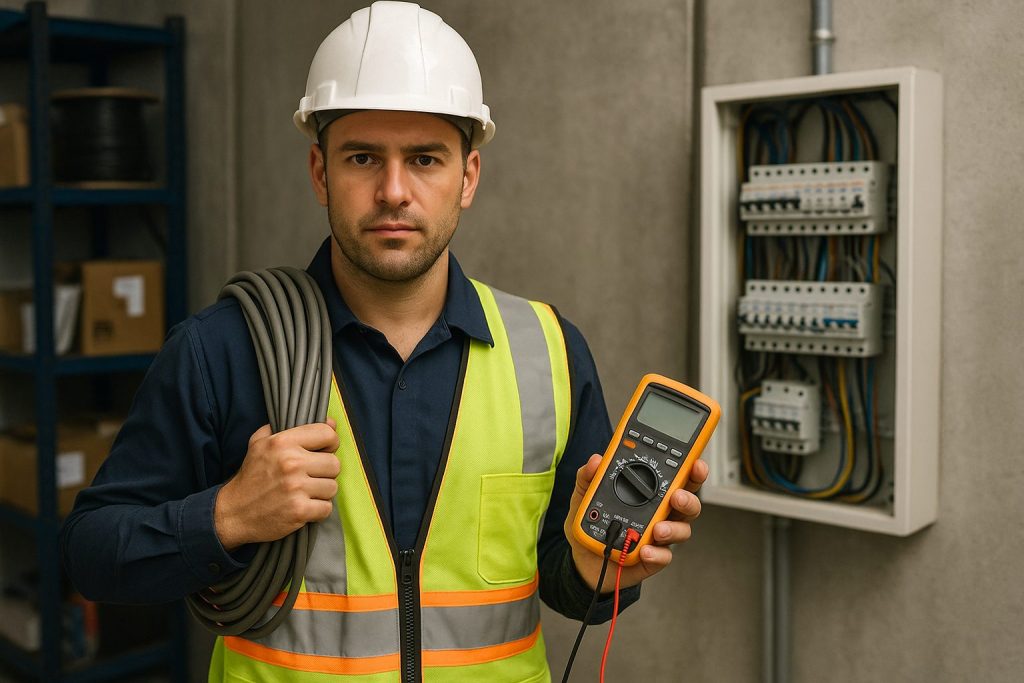 How to Become an Electrician in the UK Blog Post Image Electrician Holding A Multimeter